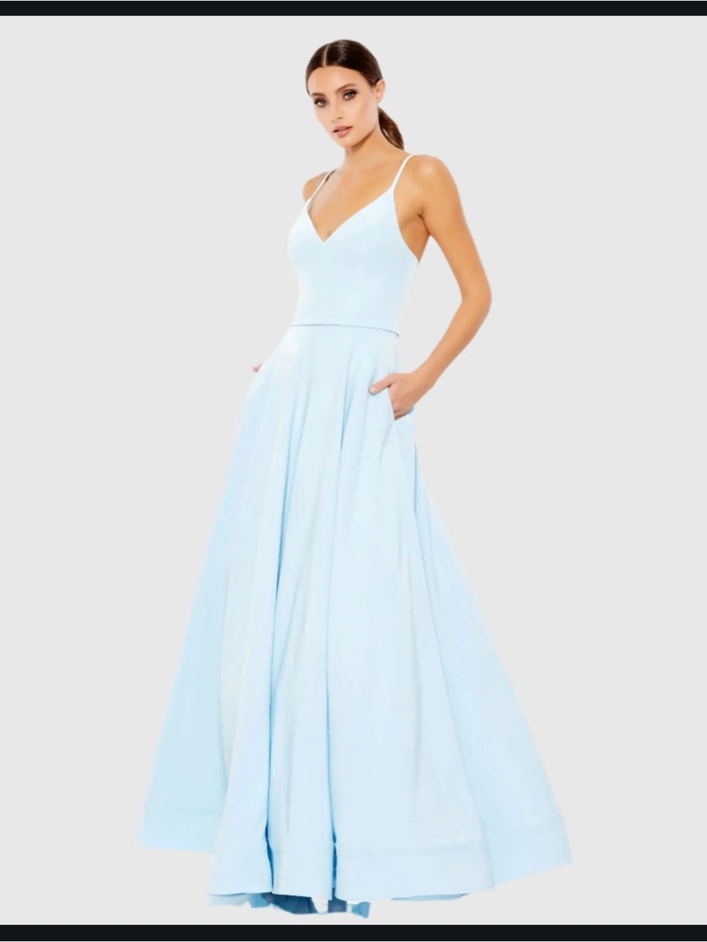 Mac Duggal Pale Blue V-Neck Spaghetti Strap Maxi Gown